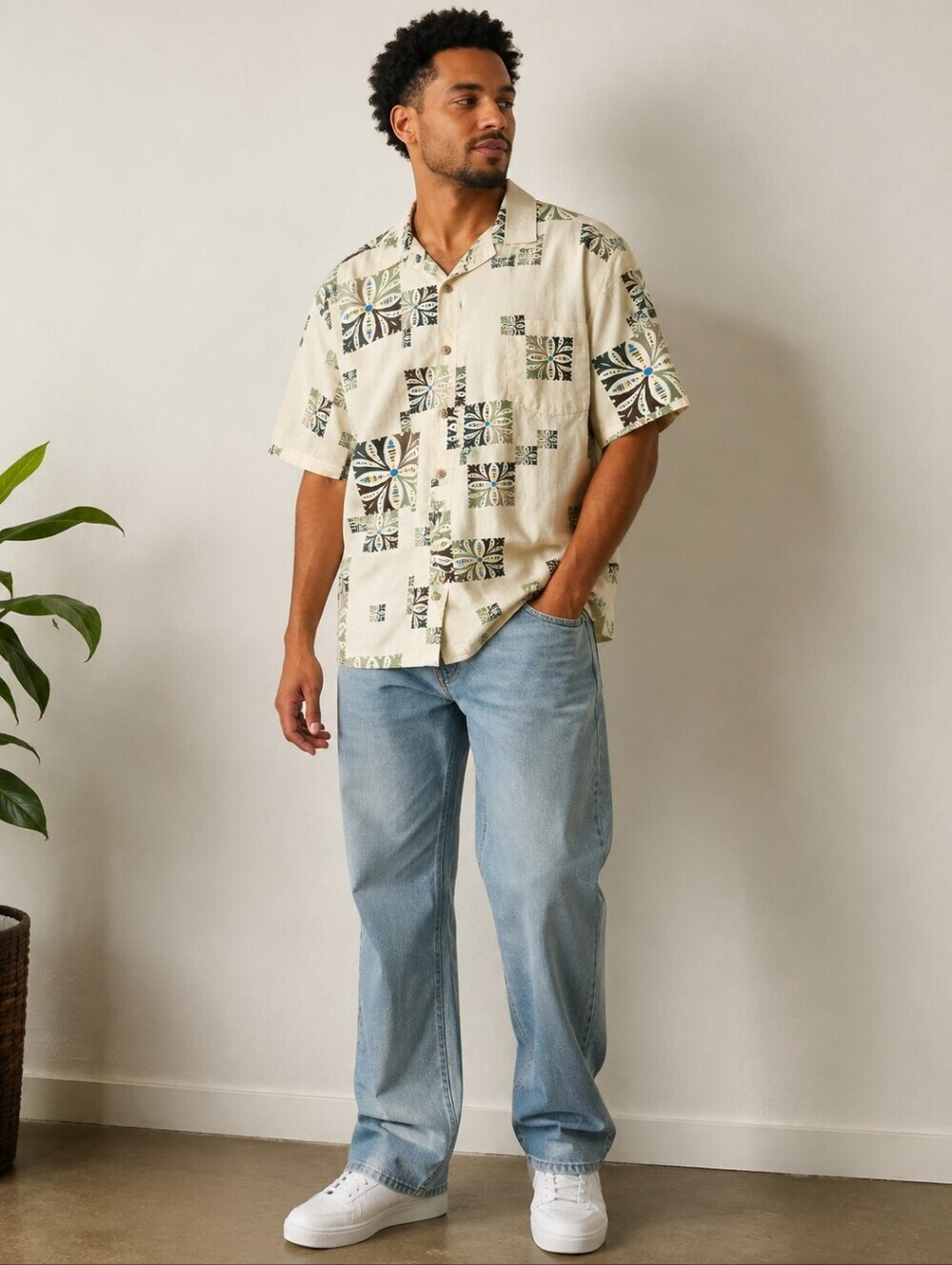 Quiksilver Cream Hawaiian Print Short-Sleeve Button-Down Shirt